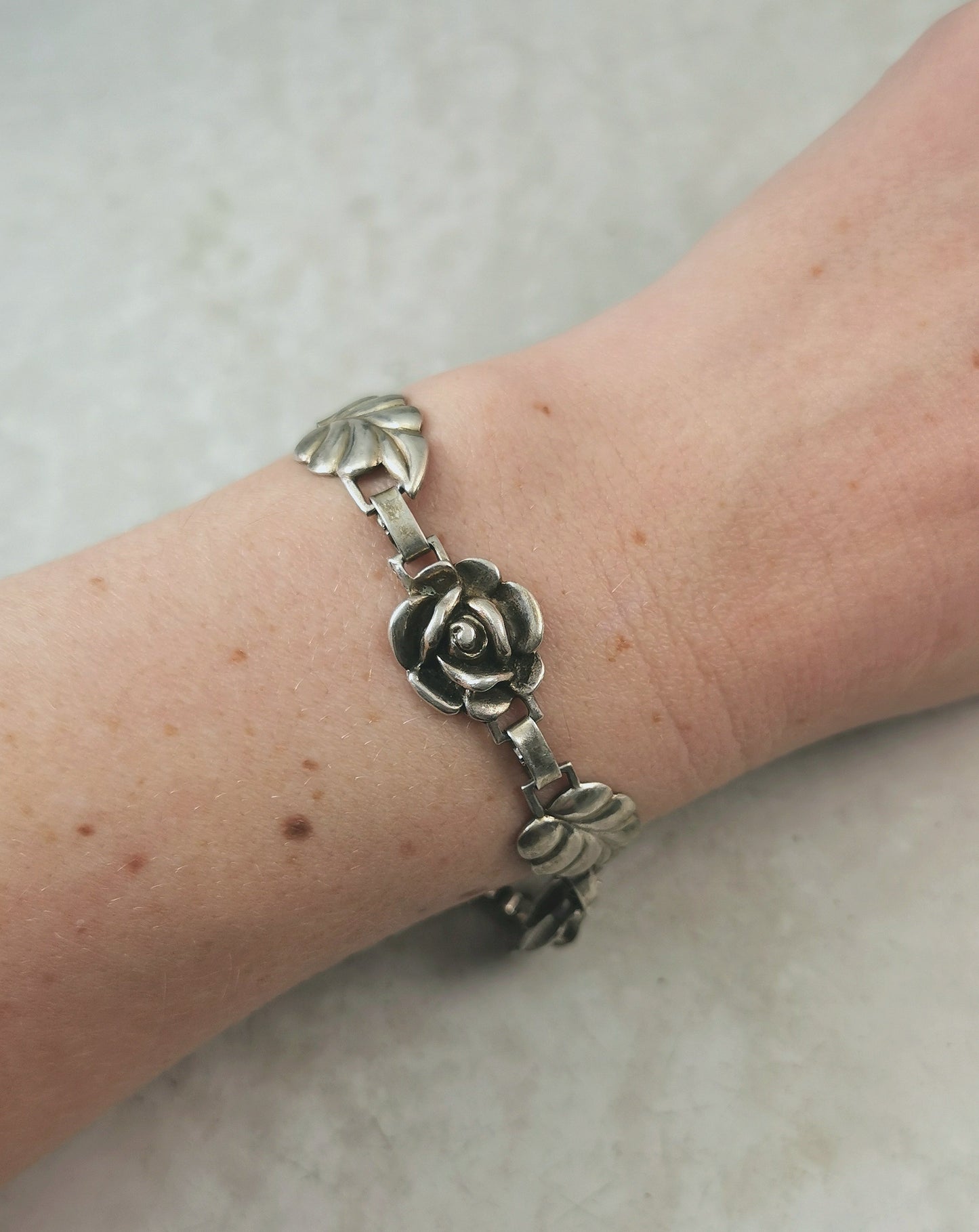 Vintage Sterling Silver Rose & Leaf Link Bracelet