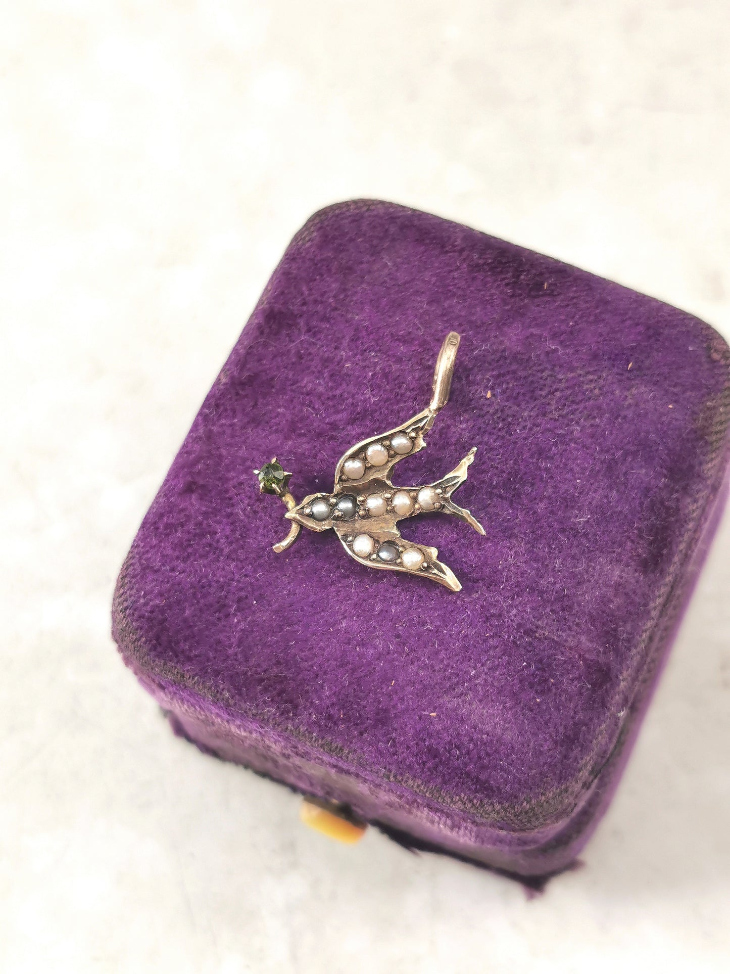 Antique 14k Yellow Gold & Seed Pearl Bird with Flower Conversion Pendant