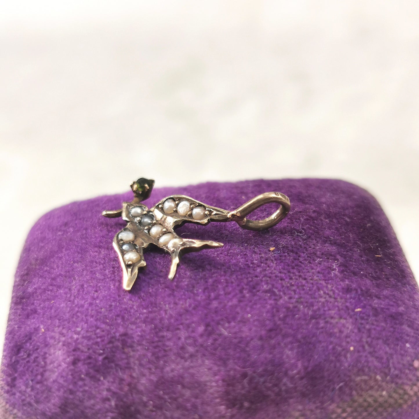 Antique 14k Yellow Gold & Seed Pearl Bird with Flower Conversion Pendant