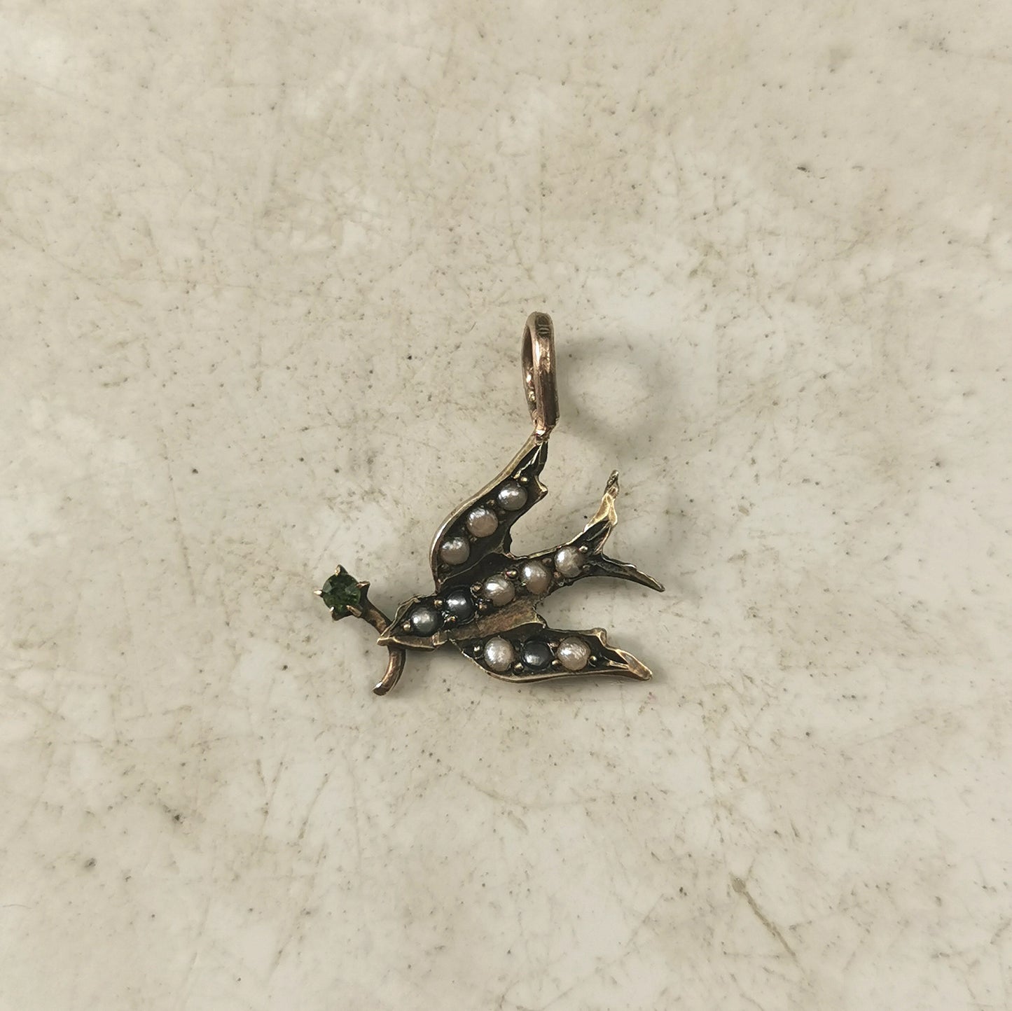 Antique 14k Yellow Gold & Seed Pearl Bird with Flower Conversion Pendant