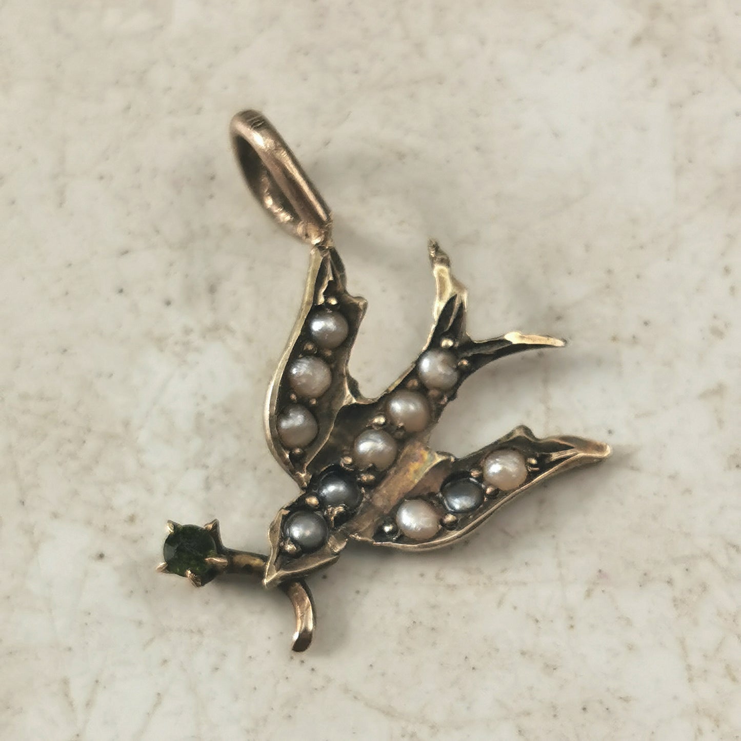 Antique 14k Yellow Gold & Seed Pearl Bird with Flower Conversion Pendant