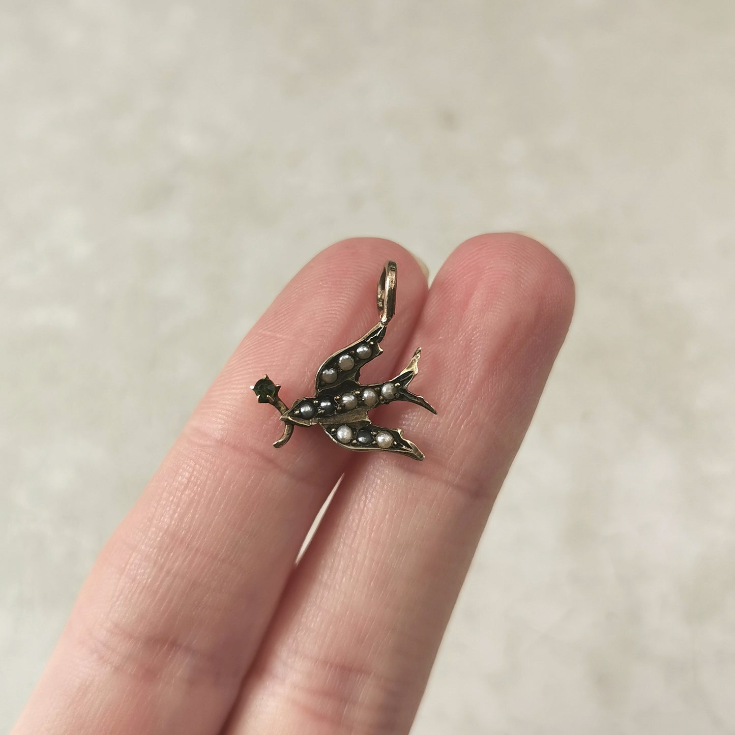 Antique 14k Yellow Gold & Seed Pearl Bird with Flower Conversion Pendant