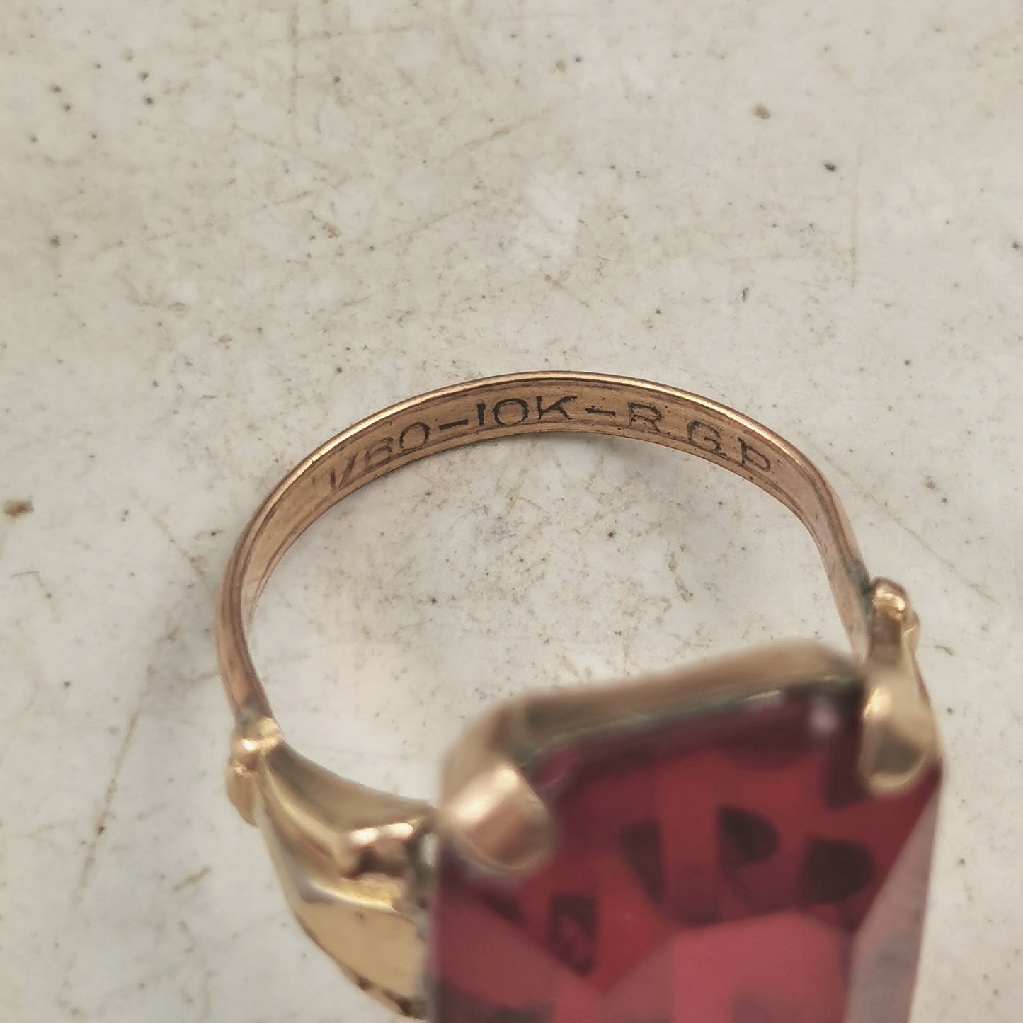 Vintage Rolled Gold Plate Red Glass Cocktail Ring