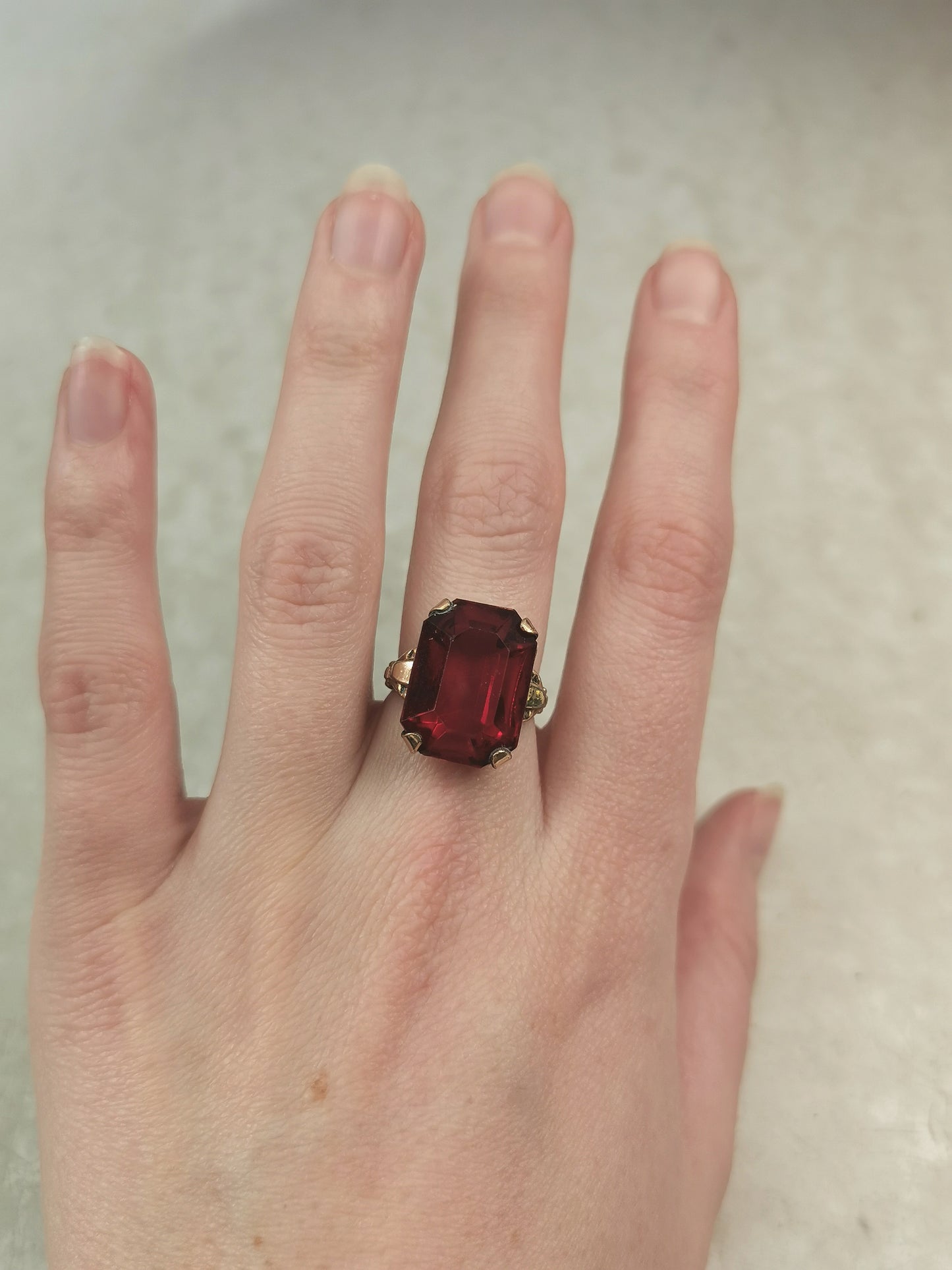 Vintage Rolled Gold Plate Red Glass Cocktail Ring