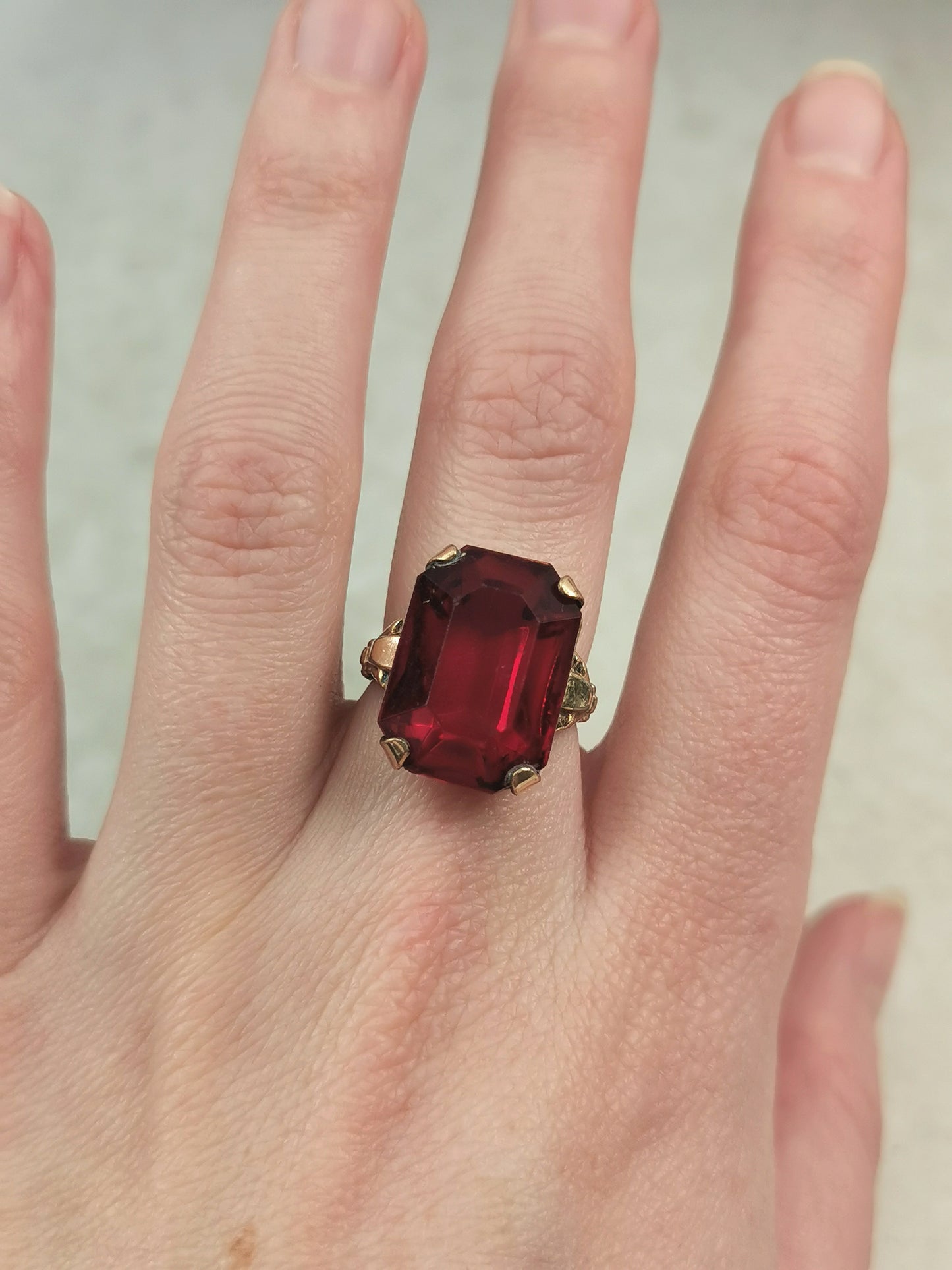 Vintage Rolled Gold Plate Red Glass Cocktail Ring