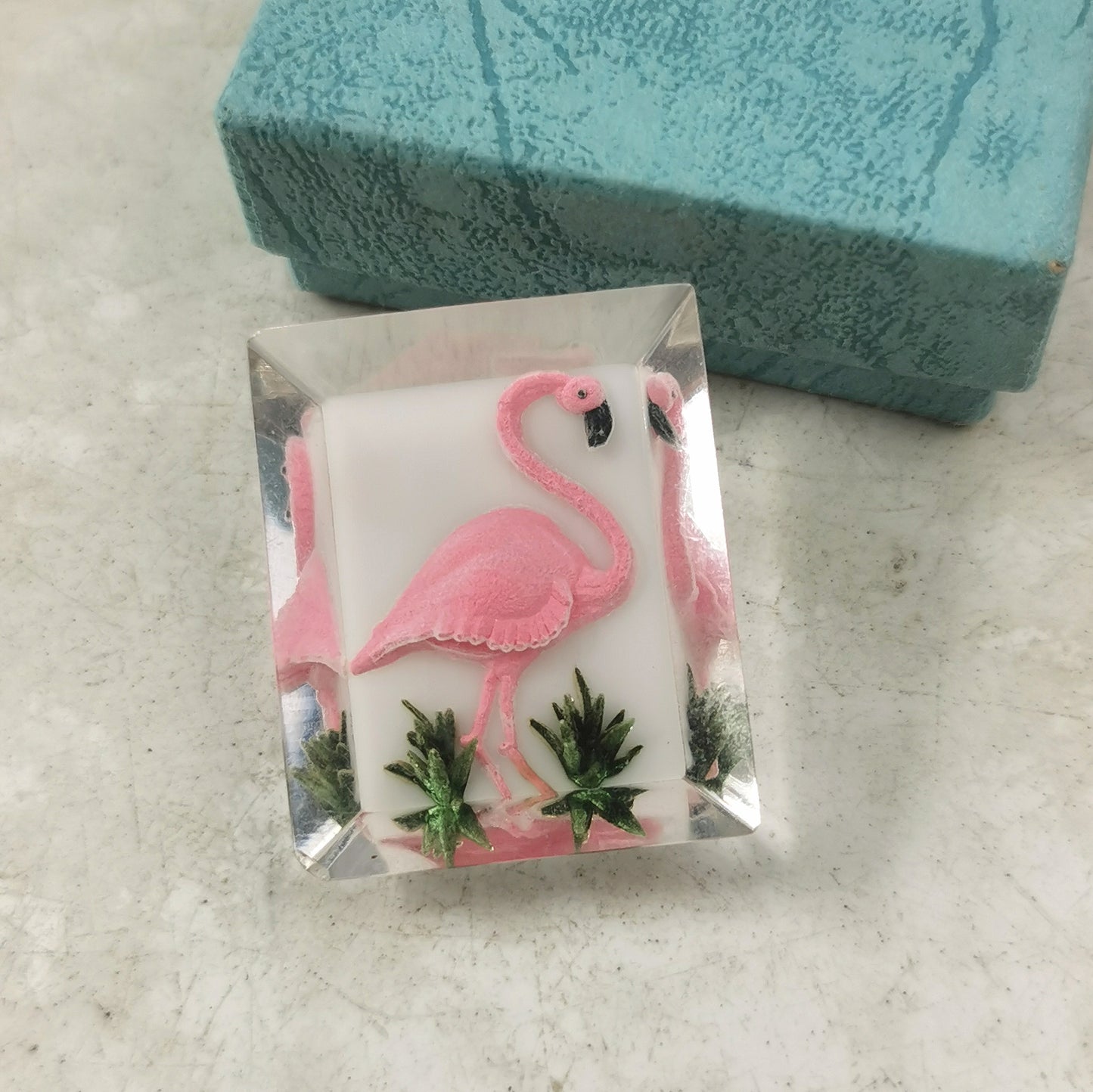 Vintage Celluloid Reverse Carved Flamingo Brooch