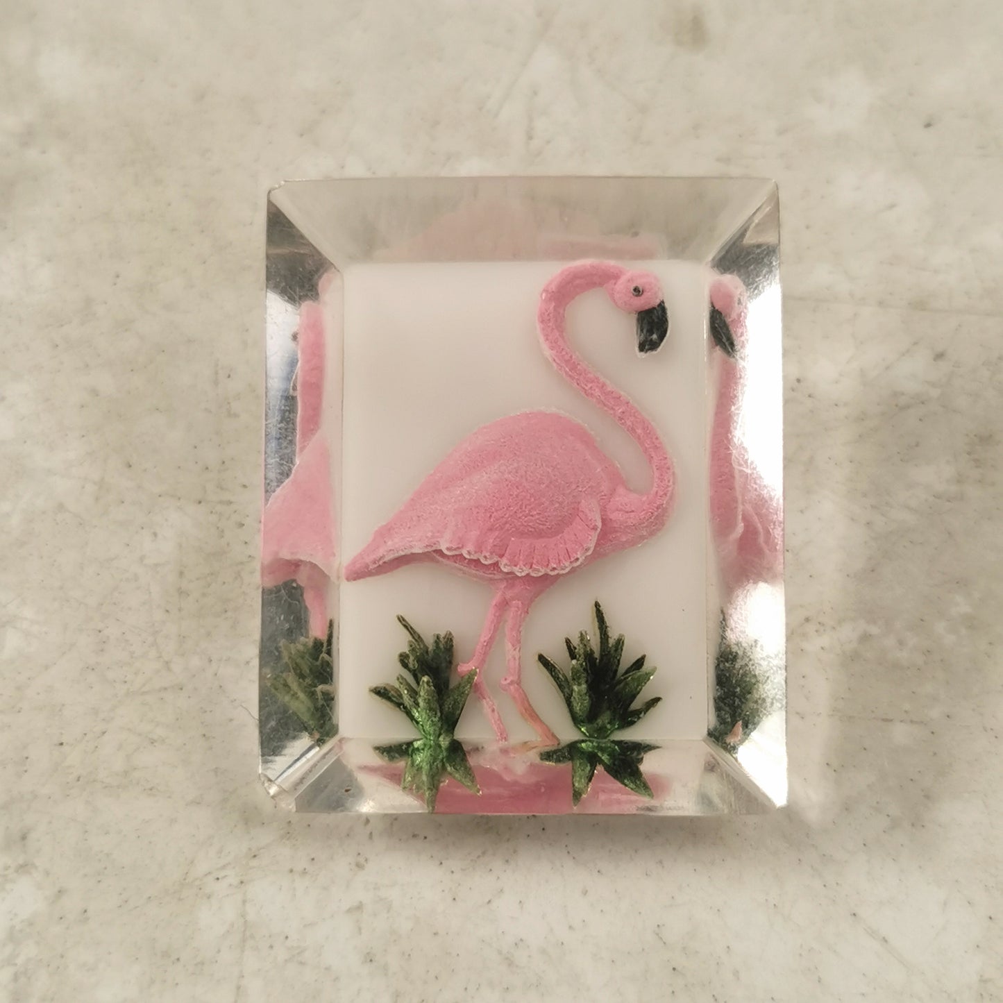 Vintage Celluloid Reverse Carved Flamingo Brooch