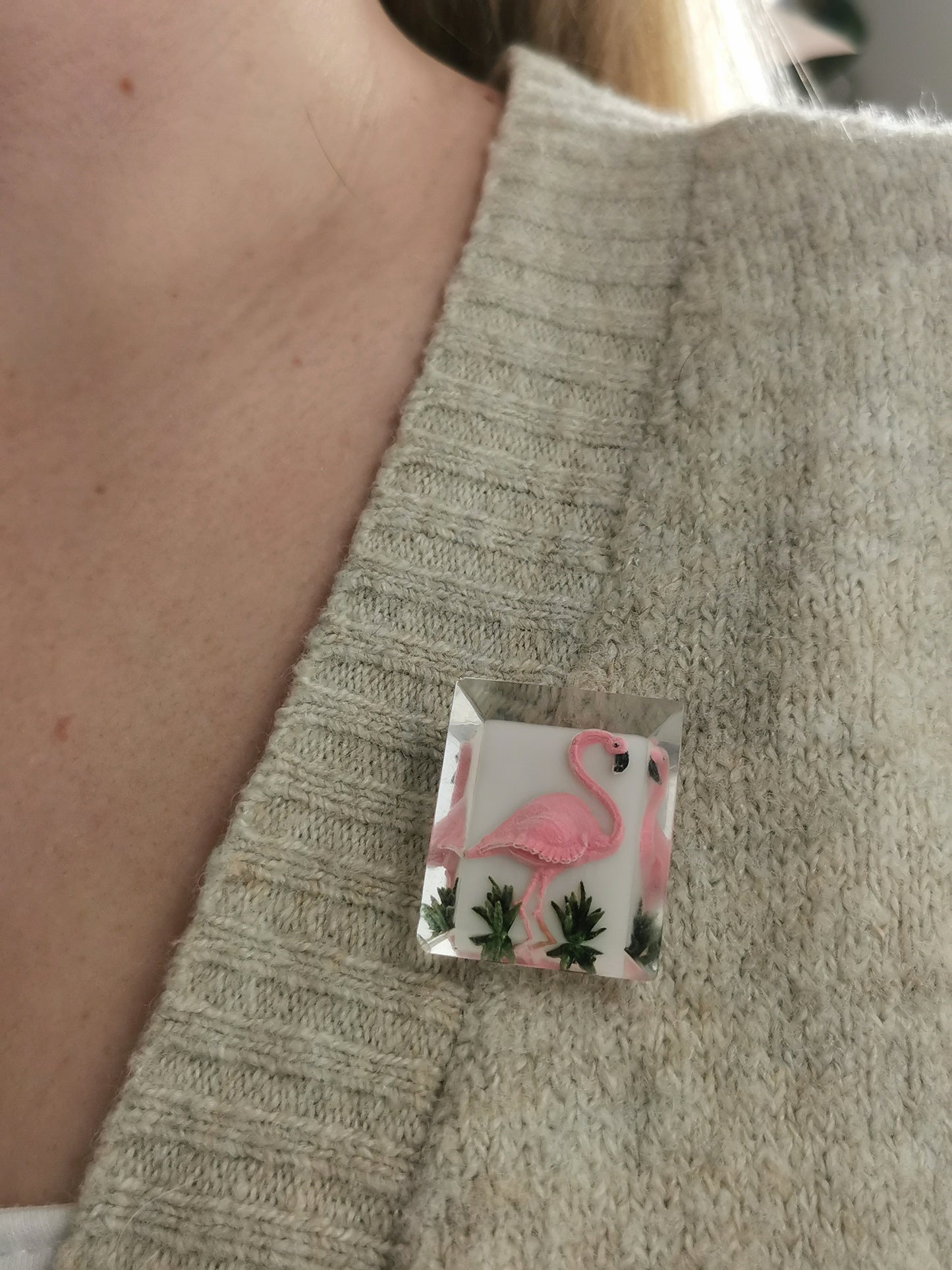 Vintage Celluloid Reverse Carved Flamingo Brooch