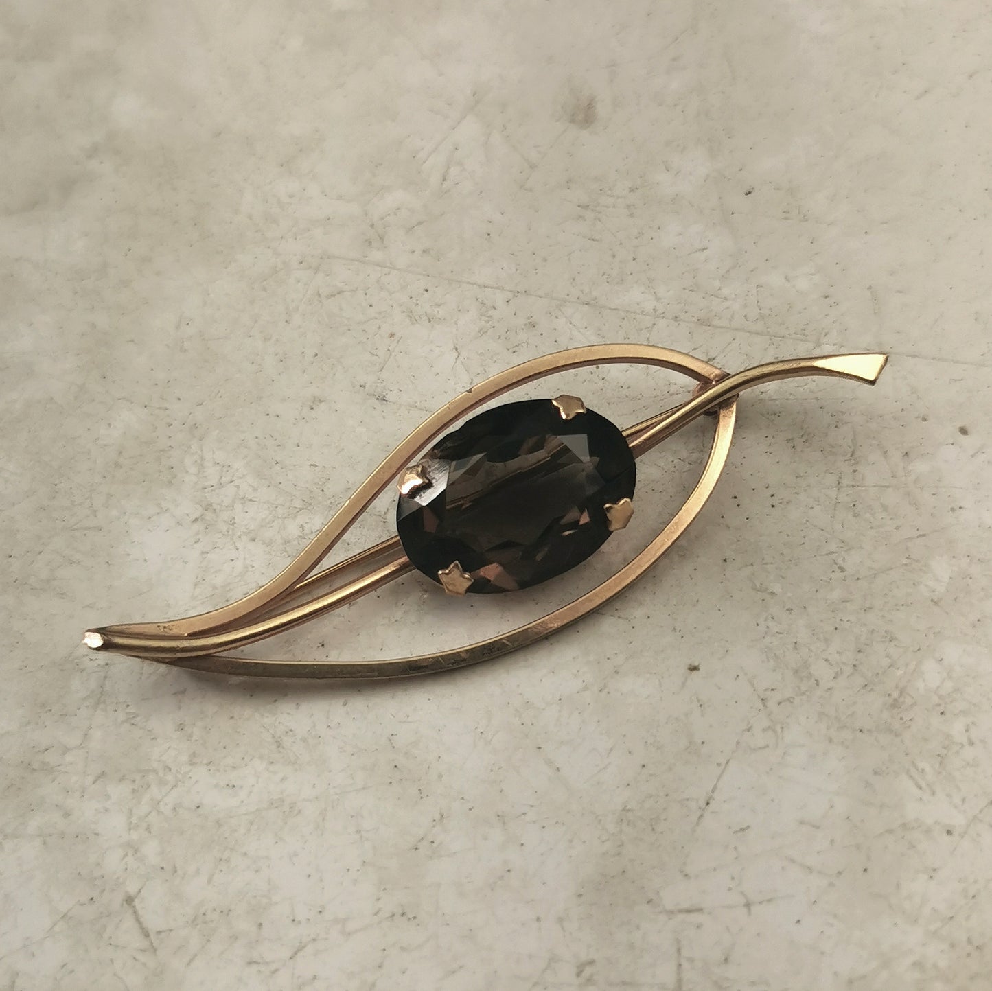 Vintage 12K Gold Filled Smokey Quartz Leaf Brooch