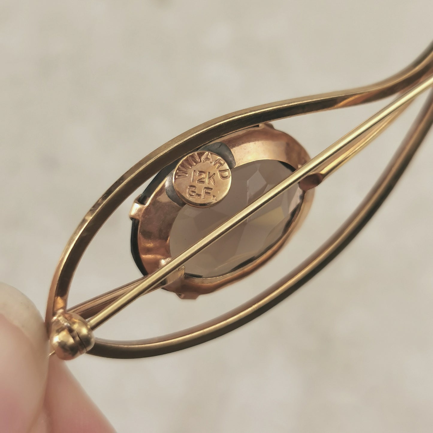 Vintage 12K Gold Filled Smokey Quartz Leaf Brooch