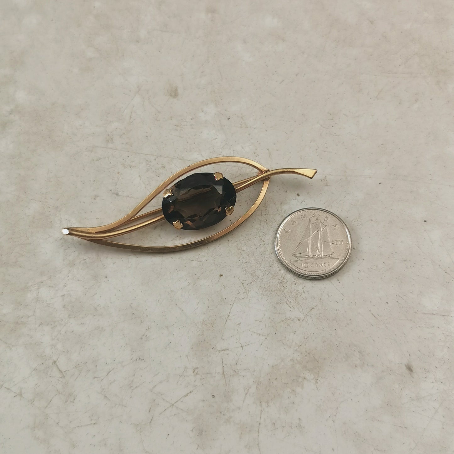 Vintage 12K Gold Filled Smokey Quartz Leaf Brooch