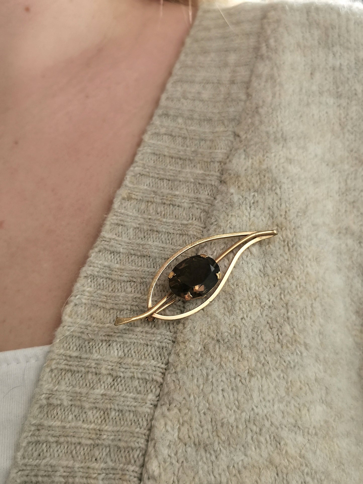 Vintage 12K Gold Filled Smokey Quartz Leaf Brooch