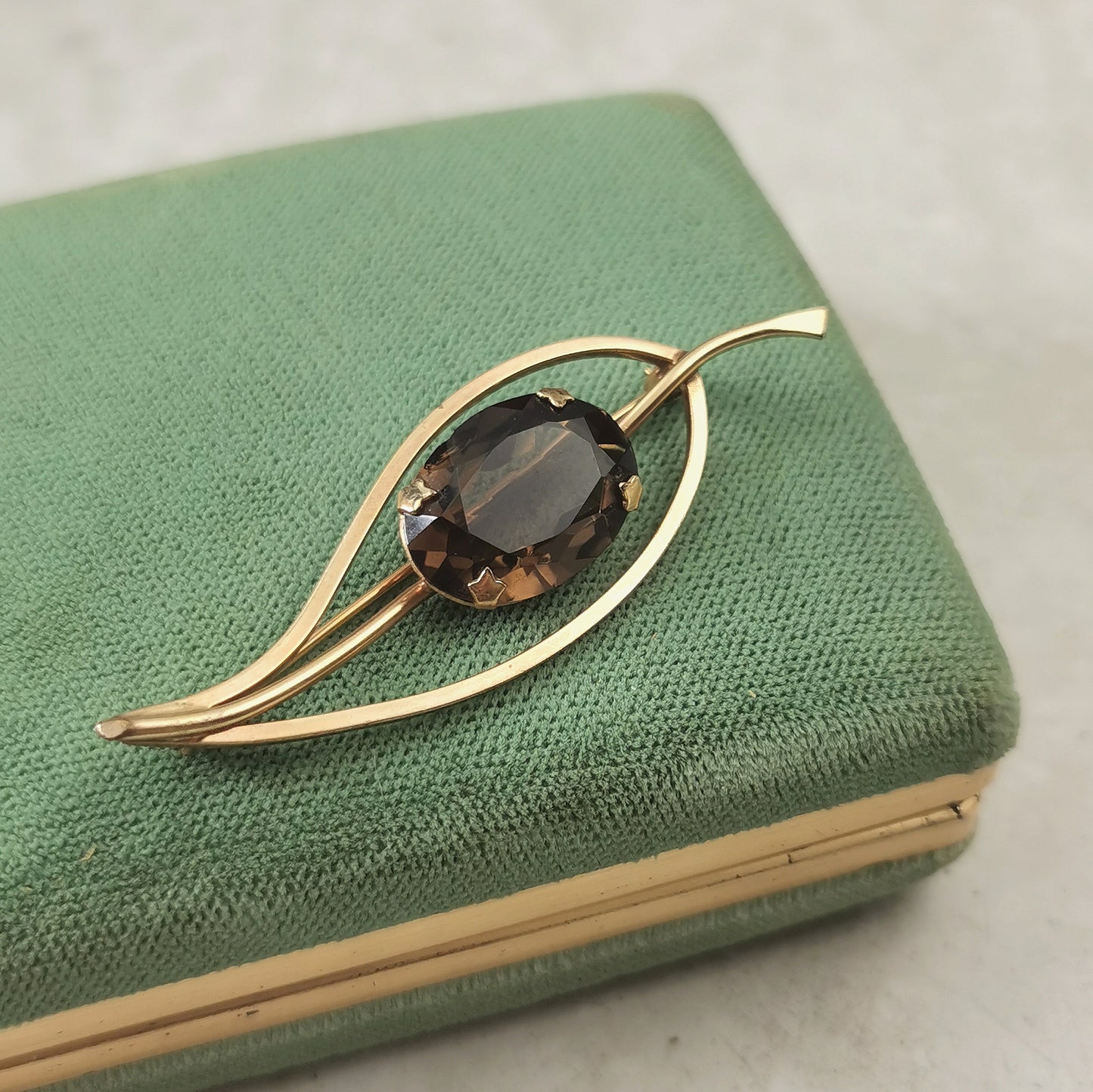 Vintage 12K Gold Filled Smokey Quartz Leaf Brooch