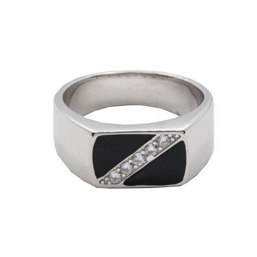 New Sterling Silver CZ & Black Enamel Signet Ring