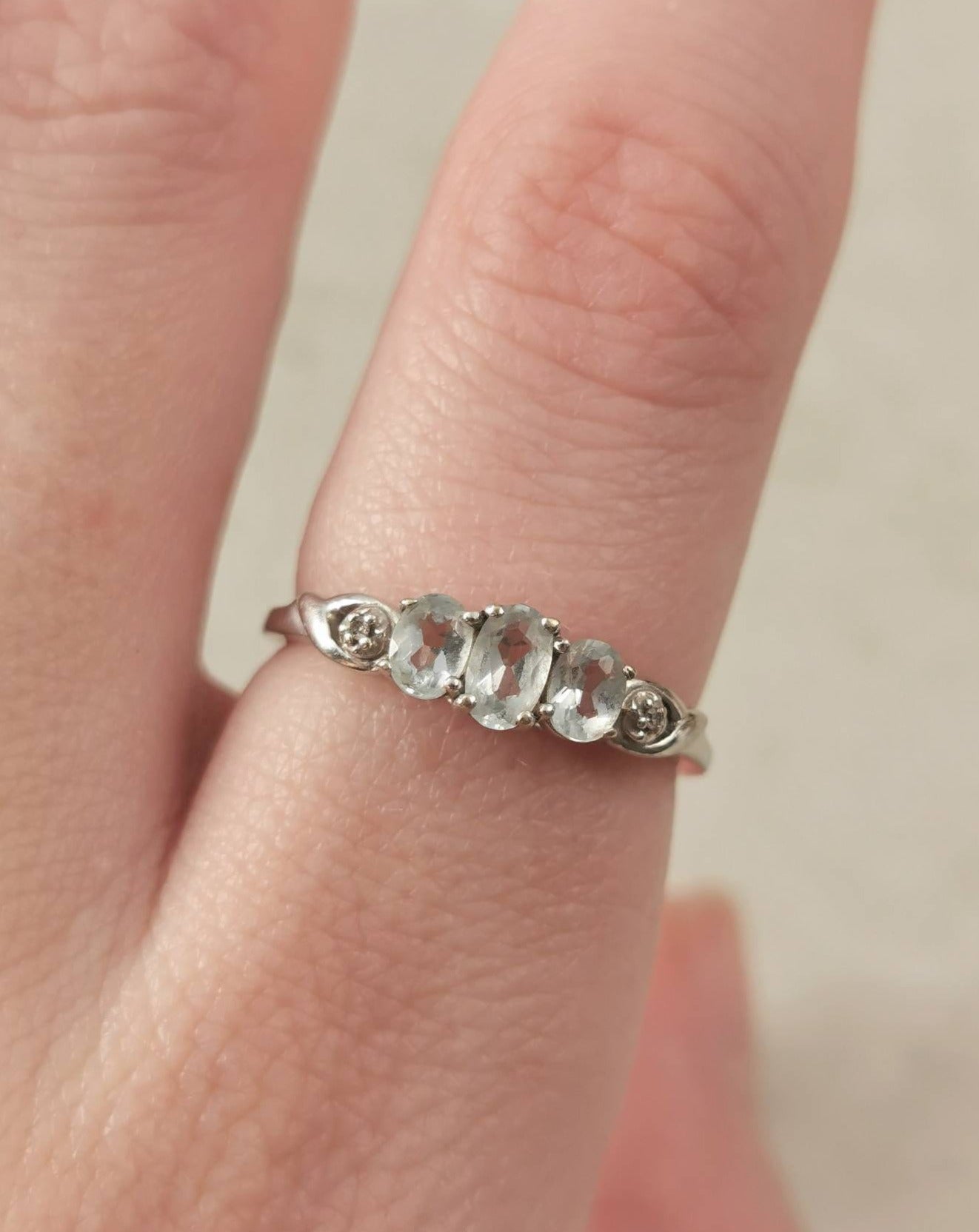 Estate 10k White Gold 3 Stone Aquamarine and Diamond Ring