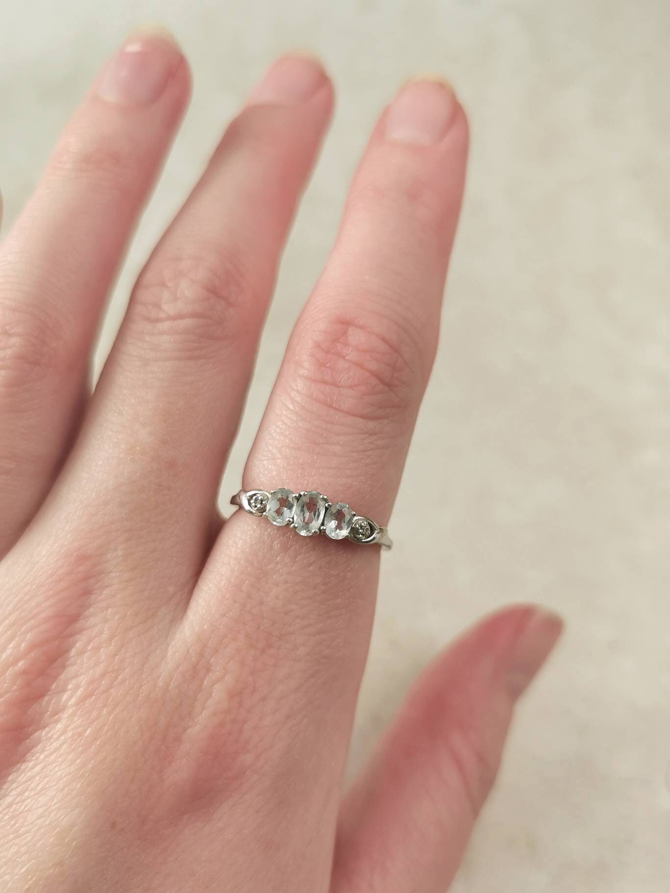 Estate 10k White Gold 3 Stone Aquamarine and Diamond Ring