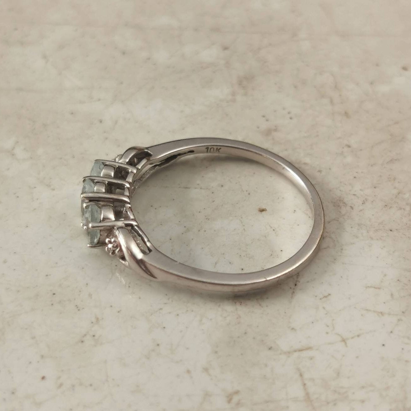 Estate 10k White Gold 3 Stone Aquamarine and Diamond Ring