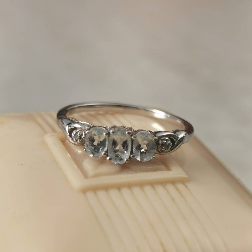 Estate 10k White Gold 3 Stone Aquamarine and Diamond Ring
