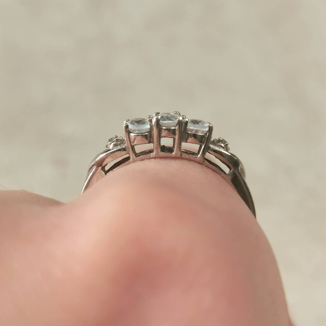Estate 10k White Gold 3 Stone Aquamarine and Diamond Ring