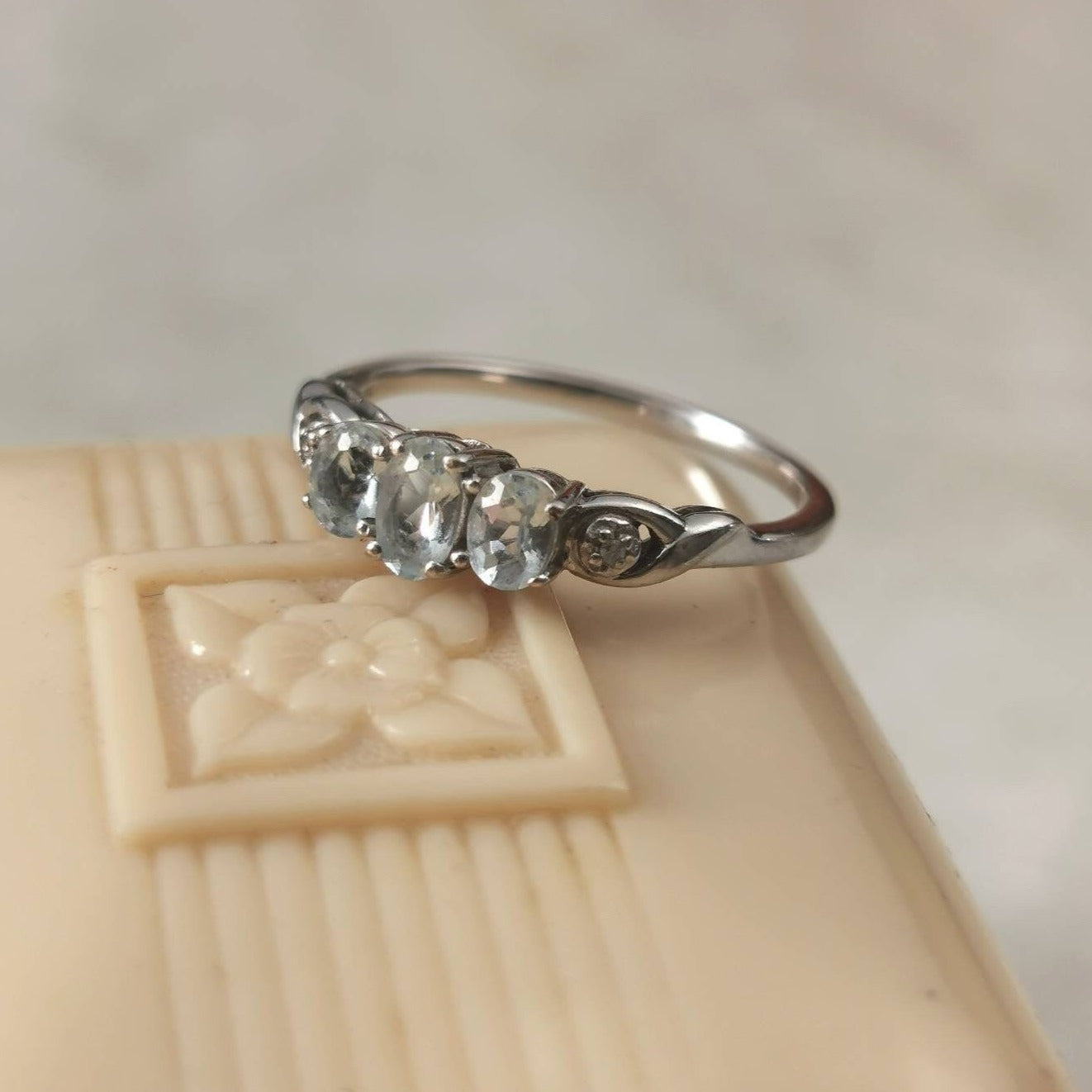 Estate 10k White Gold 3 Stone Aquamarine and Diamond Ring