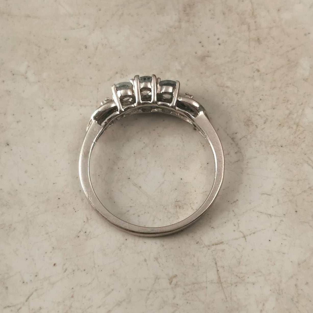 Estate 10k White Gold 3 Stone Aquamarine and Diamond Ring