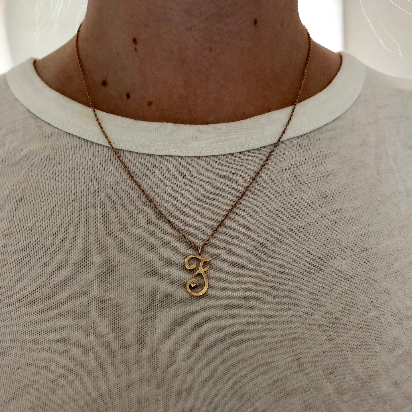 Vintage 10k Yellow Gold Initial 'F' Diamond Pendant Necklace