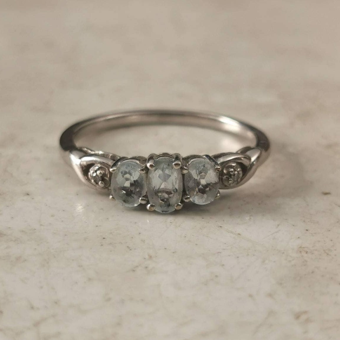 Estate 10k White Gold 3 Stone Aquamarine and Diamond Ring