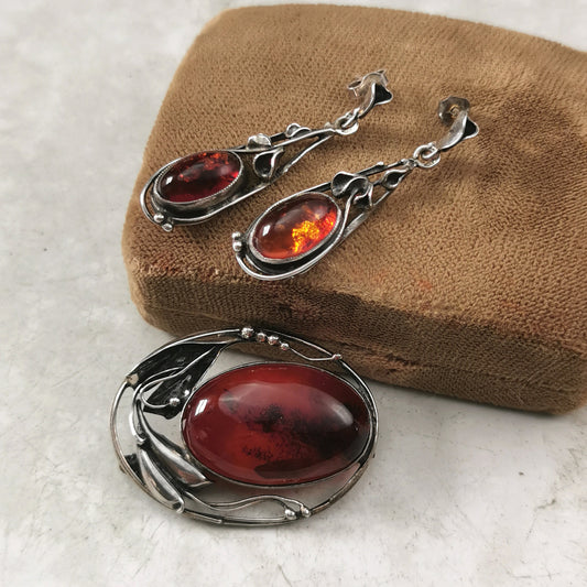 Estate Sterling Silver Polish Amber Brooch and Earring Set