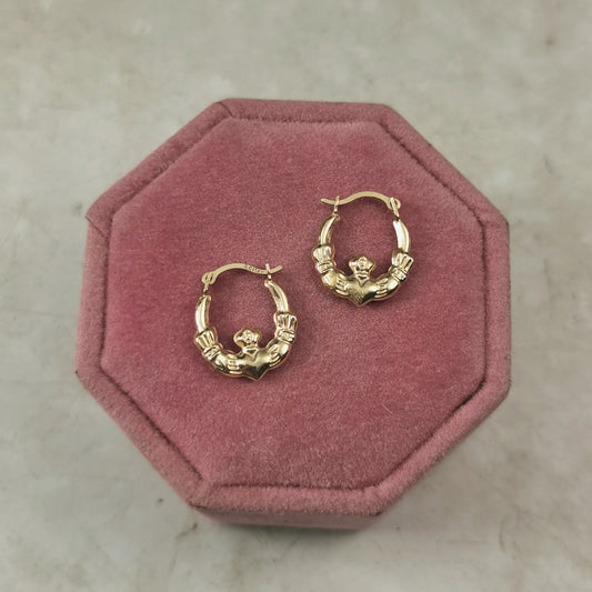 Estate 14k Yellow Gold Tiny Claddagh Hoop Earrings