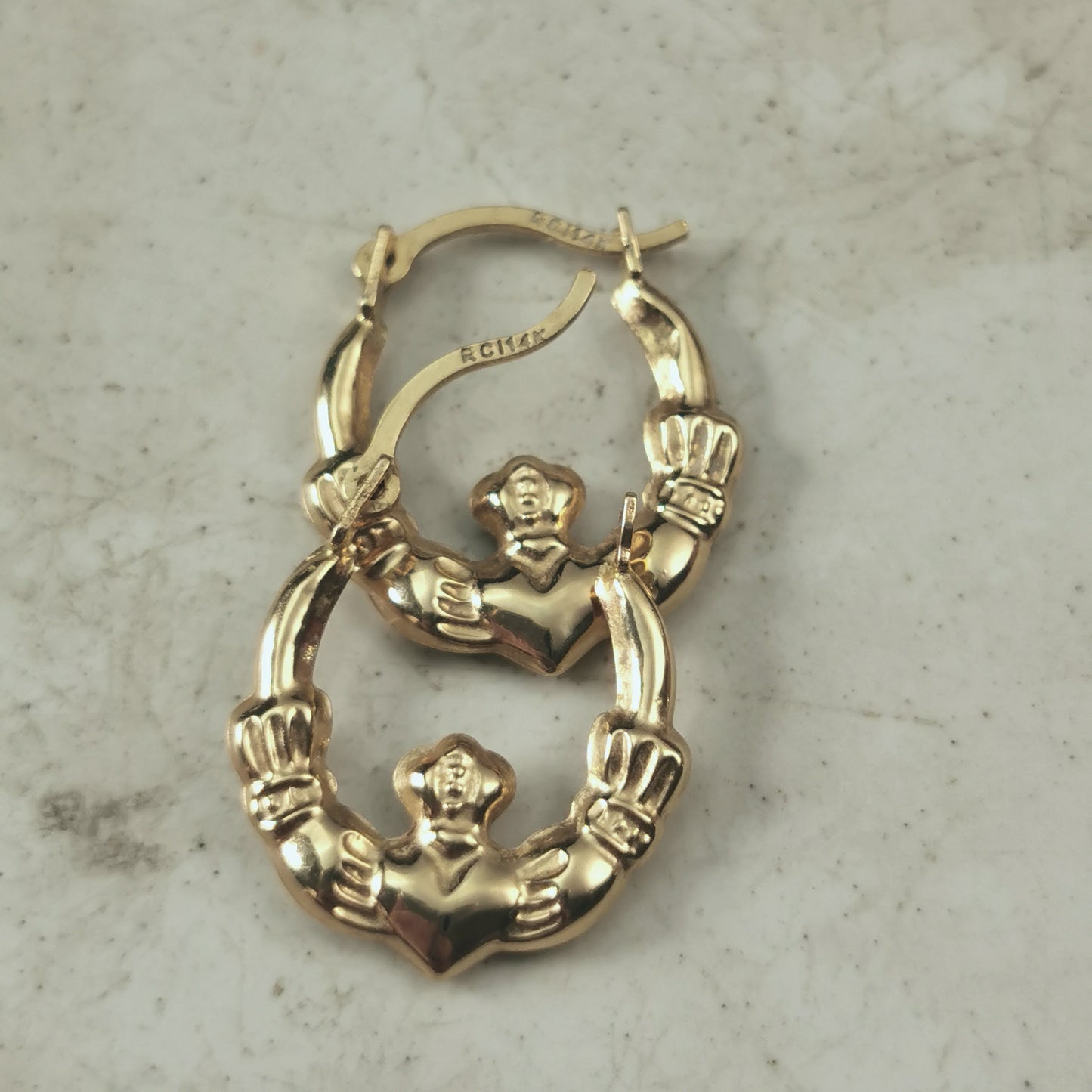 Estate 14k Yellow Gold Tiny Claddagh Hoop Earrings