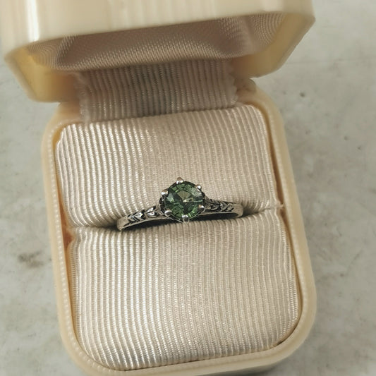 Estate Sterling Silver Art Deco Style Ring with Genuine Green Sapphire