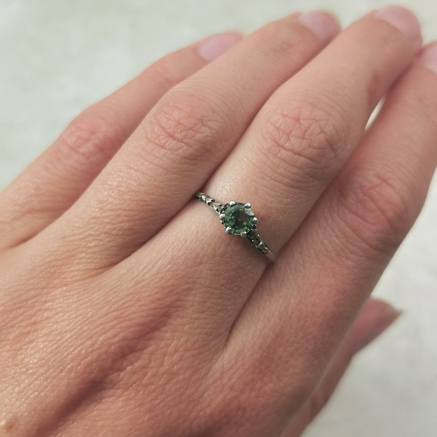 Estate Sterling Silver Art Deco Style Ring with Genuine Green Sapphire