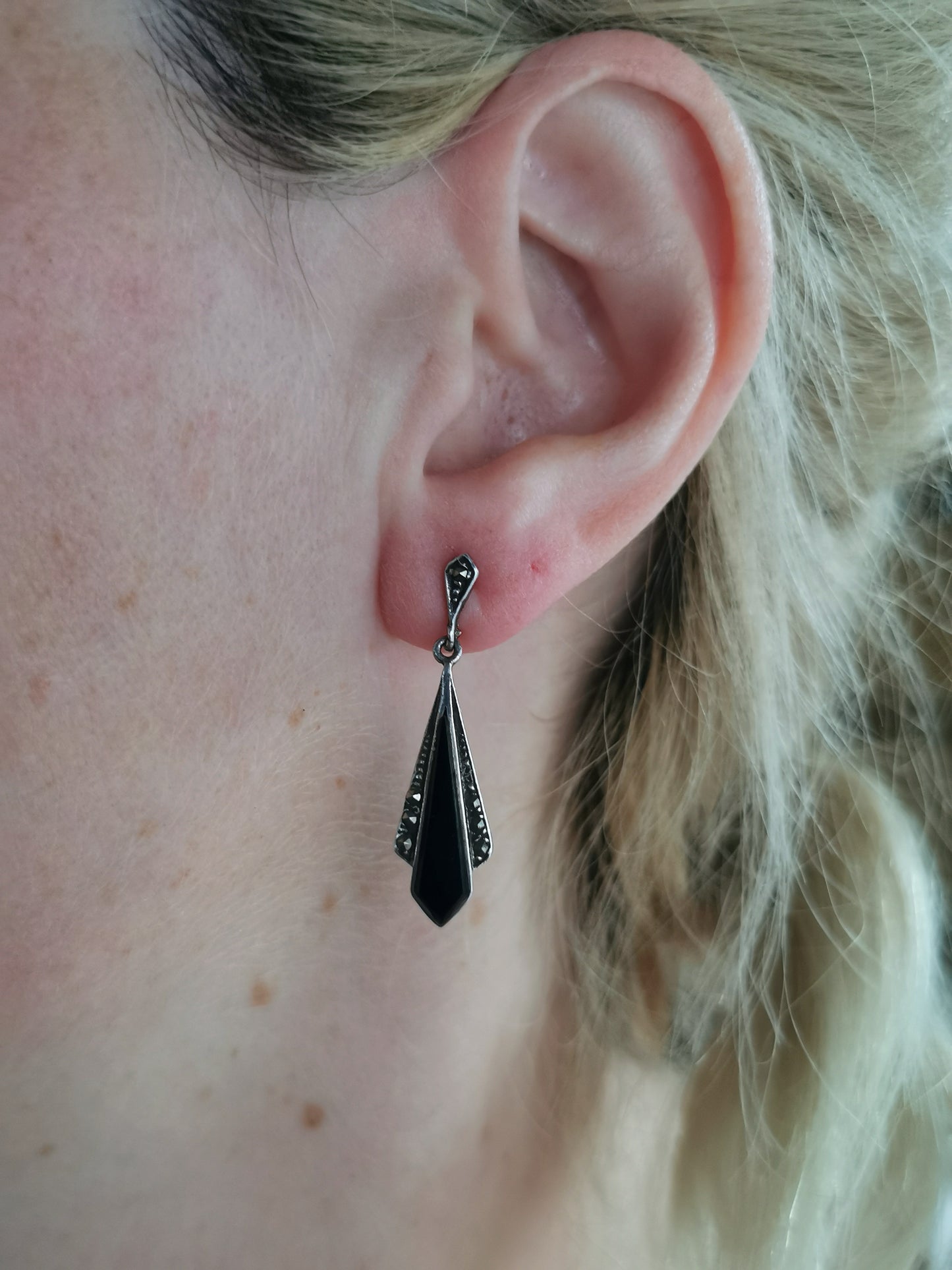 Estate Reproduction Art Deco Onyx Dangle Earrings
