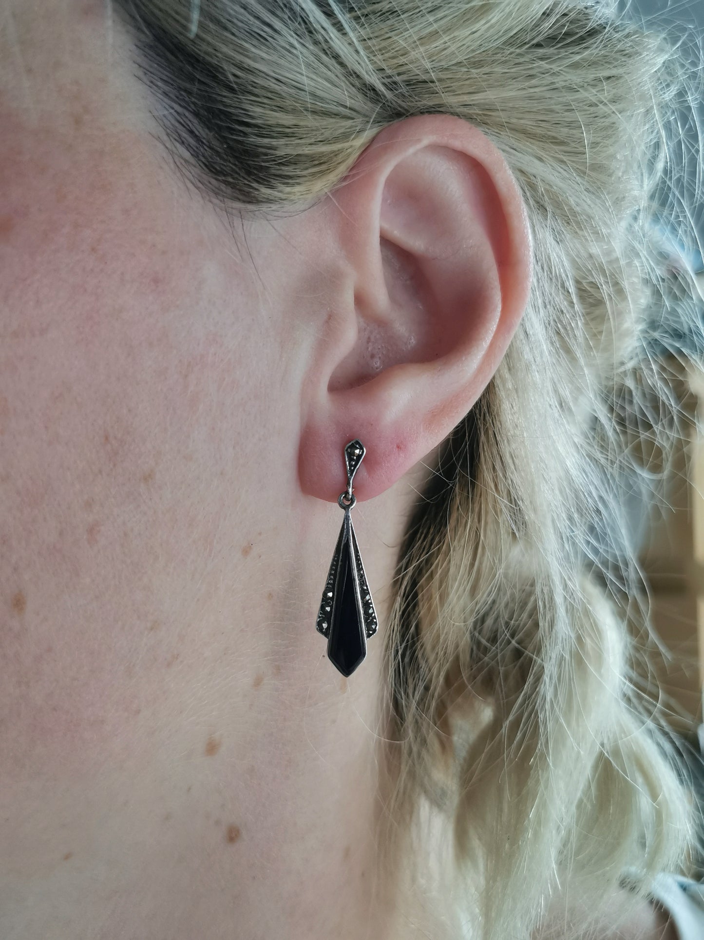 Estate Reproduction Art Deco Onyx Dangle Earrings