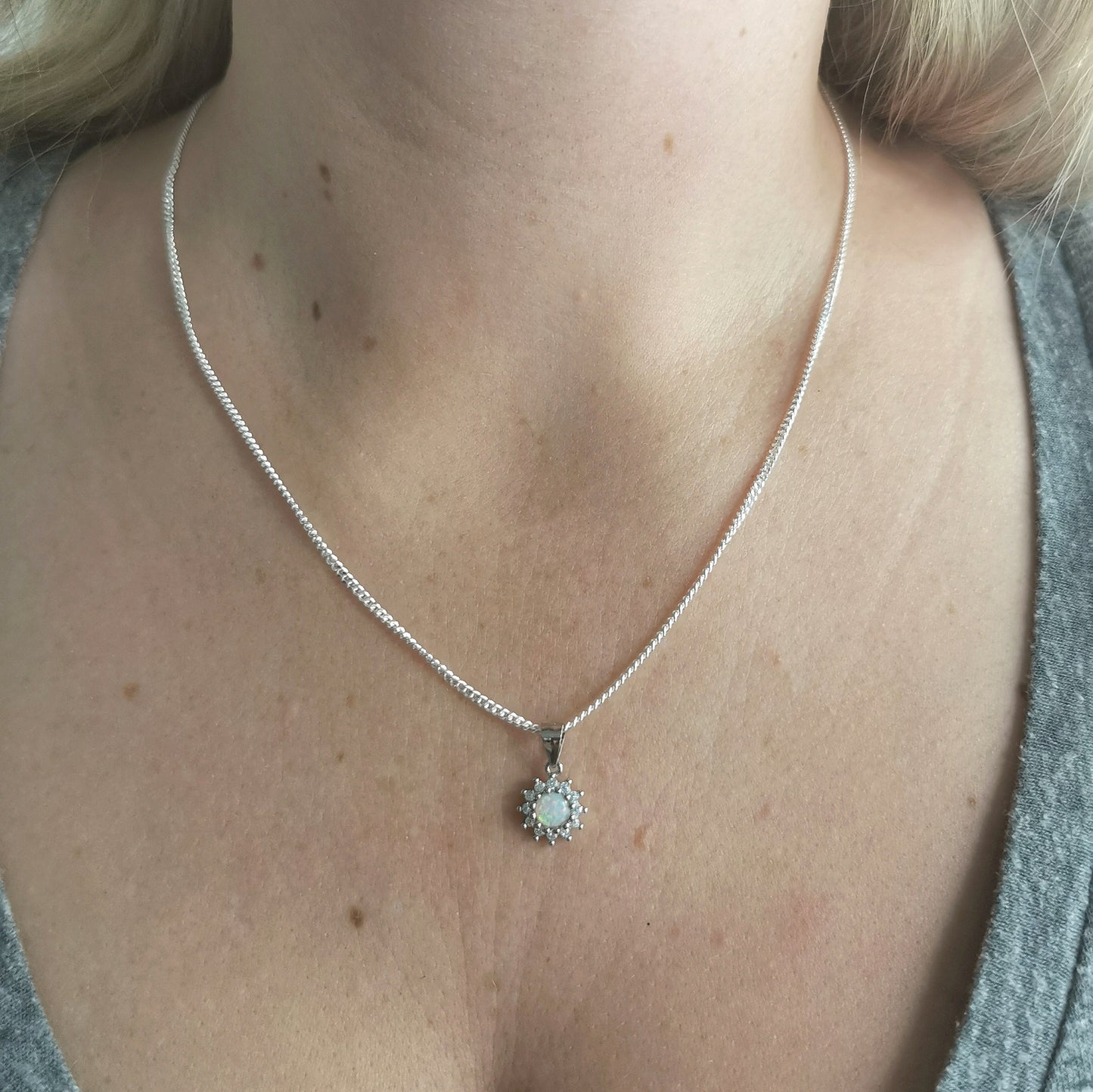 New Sterling Silver Created Opal and CZ Set - Lever Back Earrings and Pendant Necklace