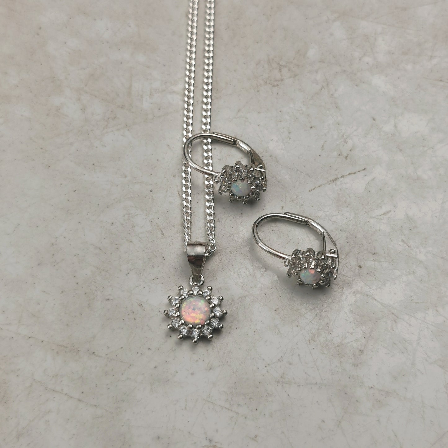 New Sterling Silver Created Opal and CZ Set - Lever Back Earrings and Pendant Necklace