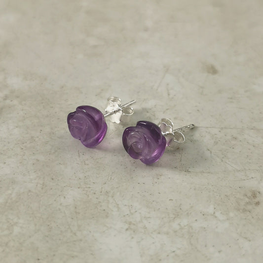 Estate Sterling Silver & Carved Amethyst Flower Stud Earrings
