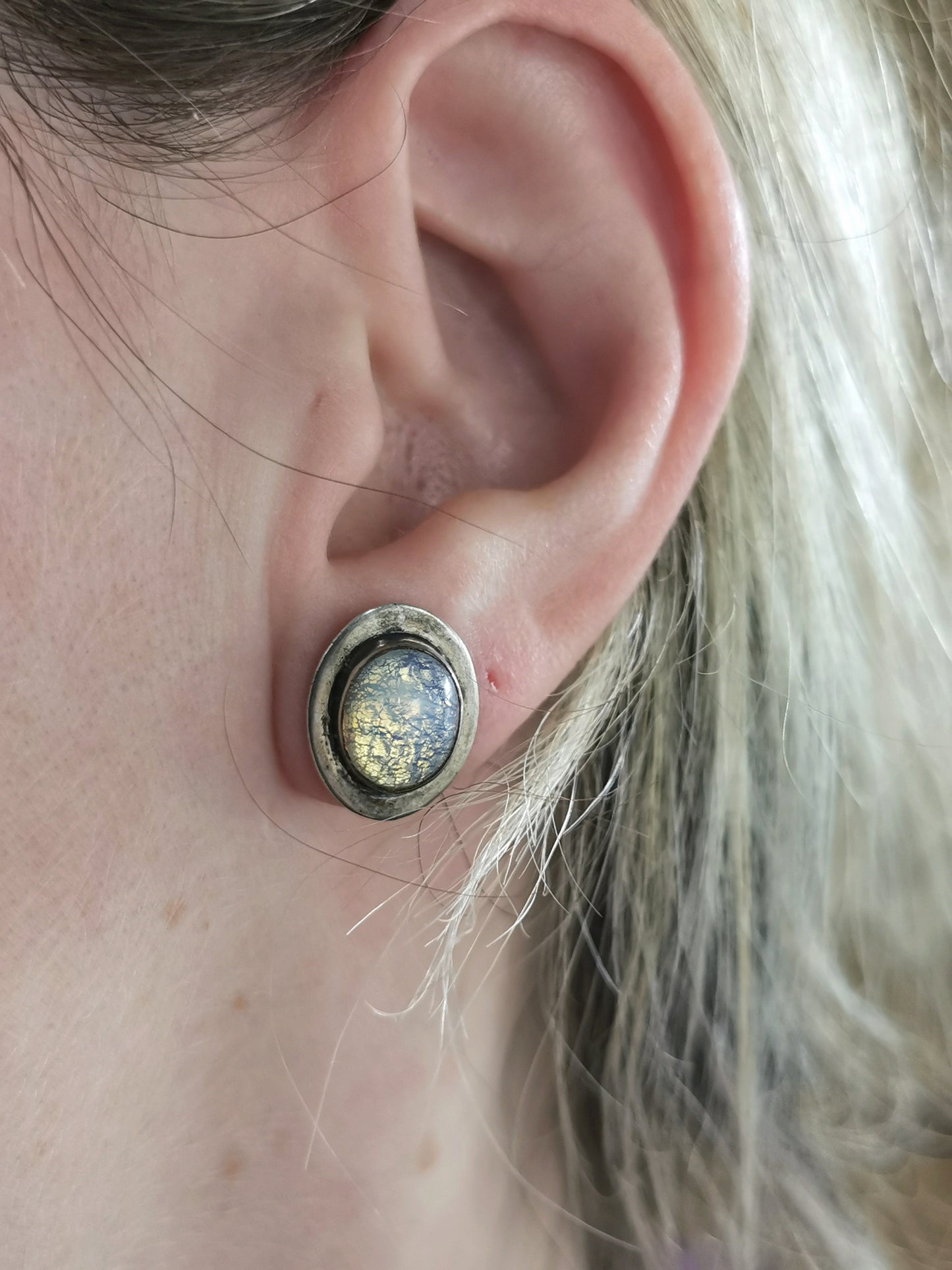 Vintage Sterling Silver Faux Opal Stud Earrings
