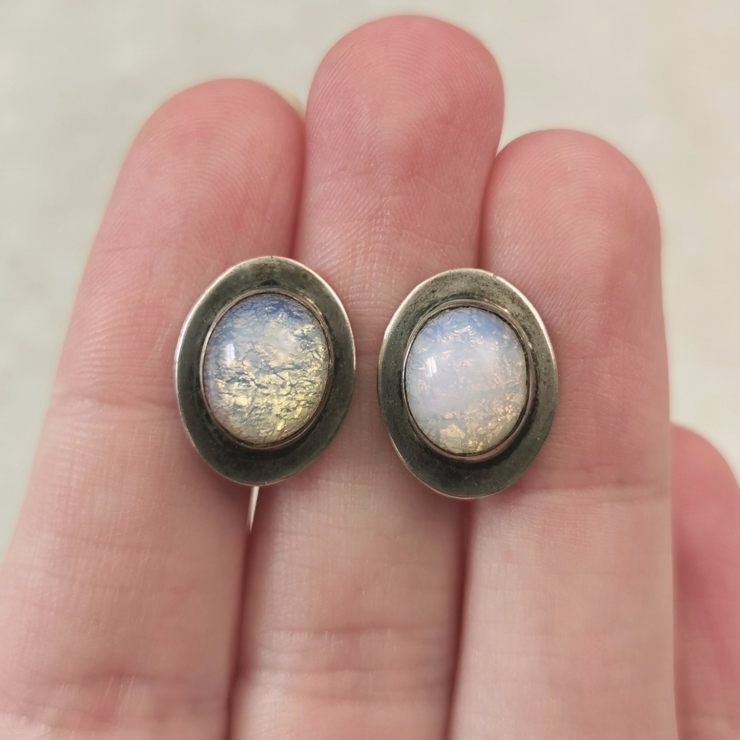 Vintage Sterling Silver Faux Opal Stud Earrings