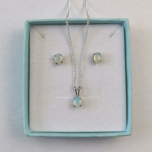 New Sterling Silver Opal October Birthstone Set - Studs and Necklace