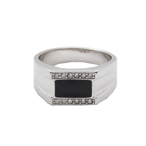New Sterling Silver CZ & Black Enamel Men's Ring