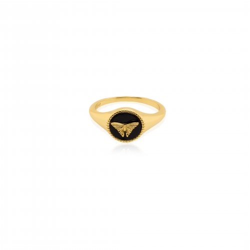 New Sterling Silver Gold Vermeil Onyx & Moth Signet