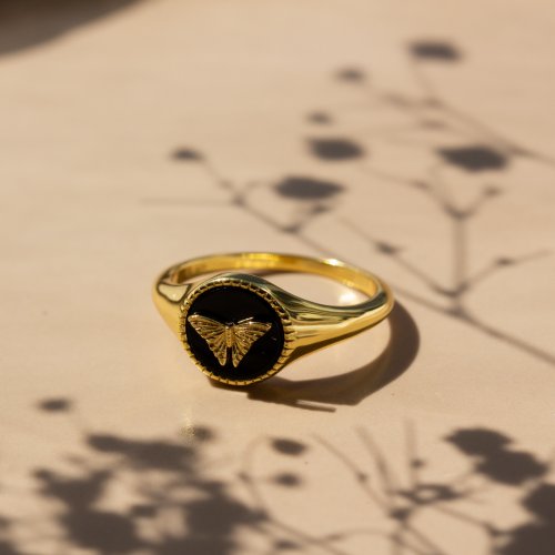 New Sterling Silver Gold Vermeil Onyx & Moth Signet