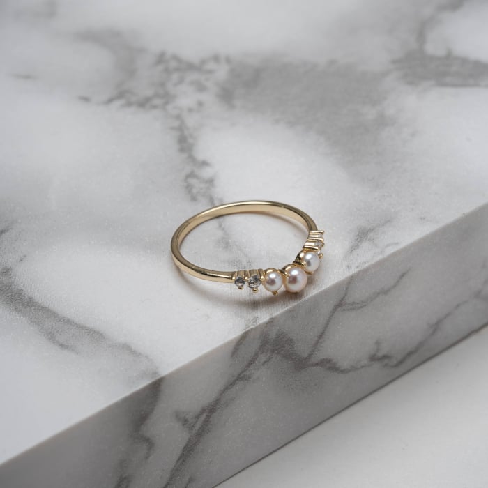 Sterling Silver Gold Vermeil Crescent CZ Freshwater Pearl Ring