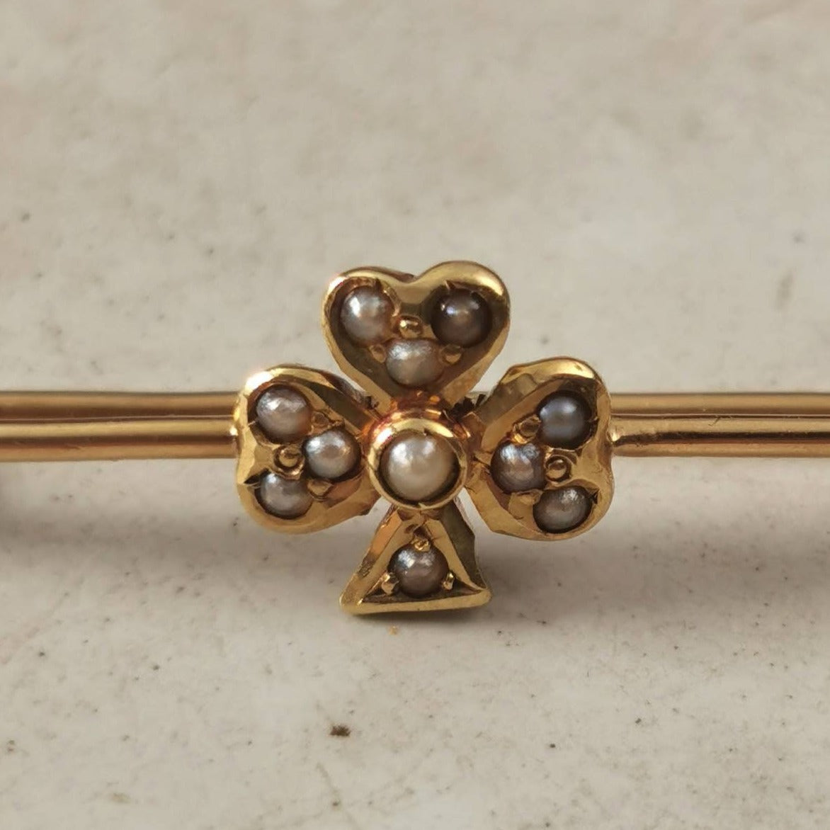 Victorian 14k Yellow Gold Seed Pearl Clover Safety Pin Brooch
