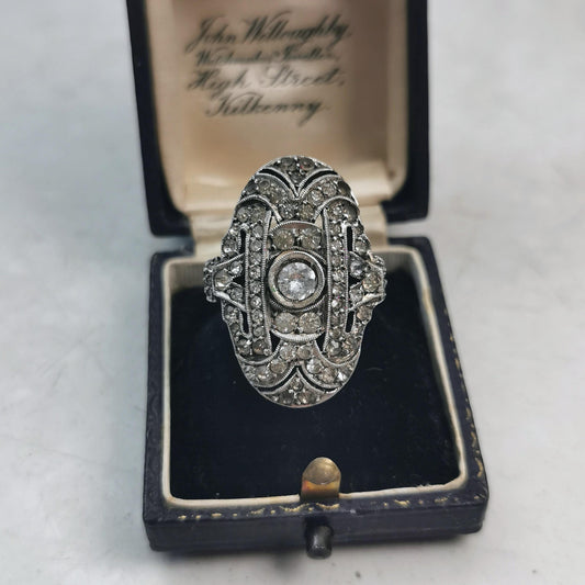 Birks Art Deco Sterling Silver & Paste Large Statement Rhinestone Ring