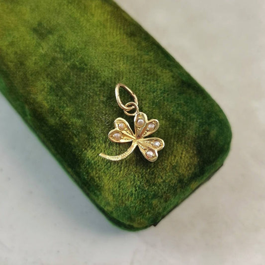 Antique 14k Yellow Gold and Seed Pearl Clover Conversion Charm