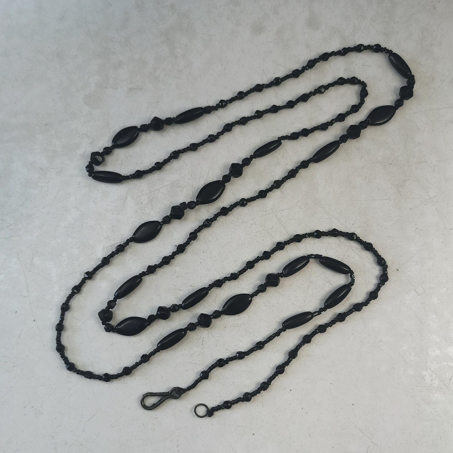 Victorian Black Glass Mourning Beads - Long Guard Chain Mourning Necklace