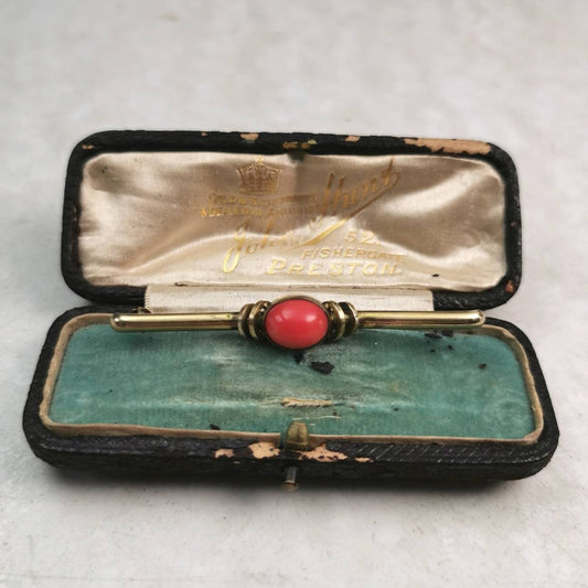 Vintage Mid-Century Signed Teka Theodor Kloetz German Rolled Gold Plate Coral Brooch - Oval Red Coral Cabochon Bar Pin