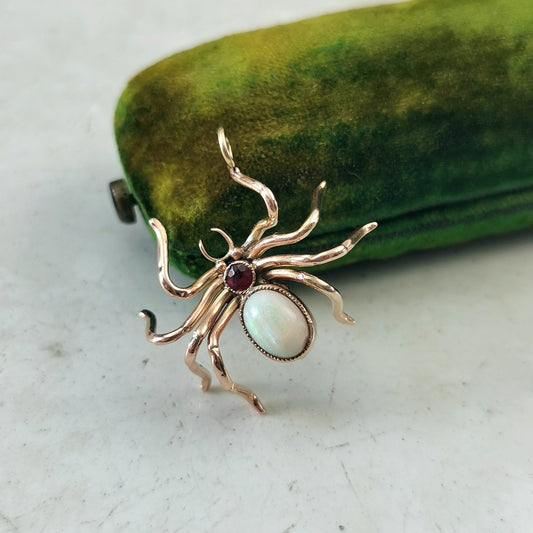 Antique Conversion 9ct Yellow Gold Opal & Ruby Spider Pendant